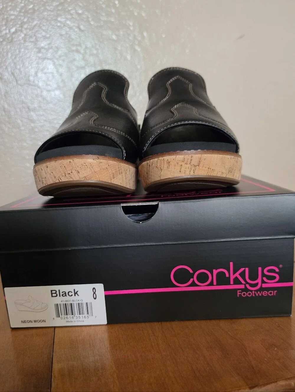 Corkys Neon Moon Black Wedge Slide Sandals